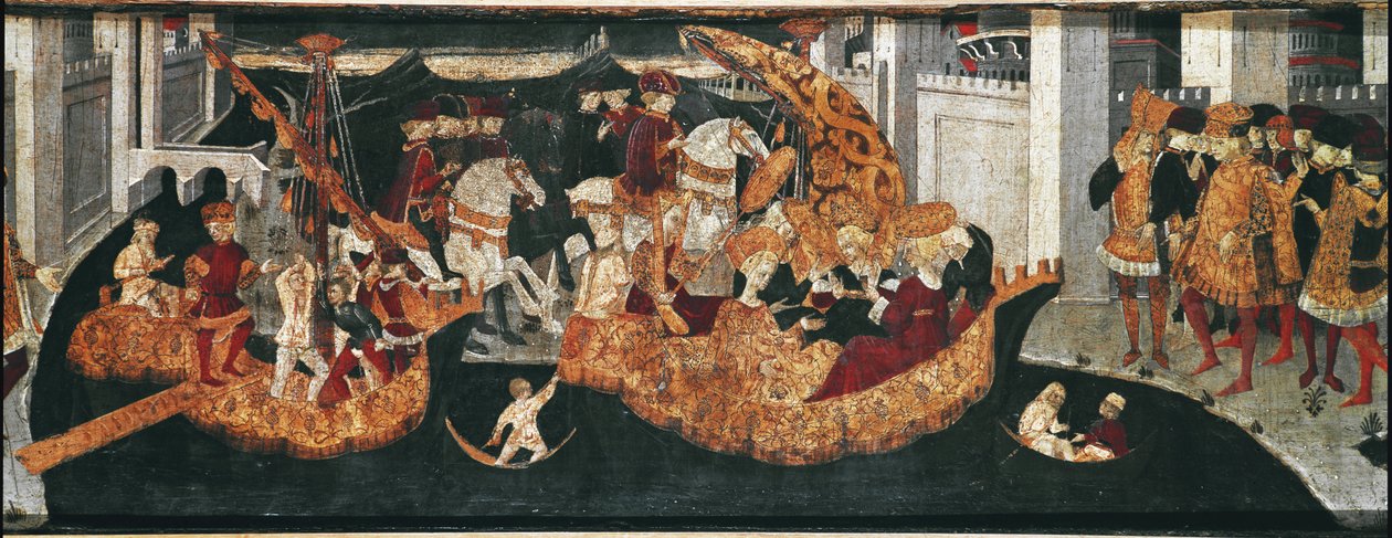 Decameron de Boccaccio (Jean Boccaccio): o Chatelain Pericone recebe Alatiel, filha do sultão da Babilónia Beminedab e a sua suite na ilha de Maiorca (Pericone da Visalgo recebe Alatiel, filha de Beminedab, o sultão da Babilónia, em hi de Master of the Cassoni
