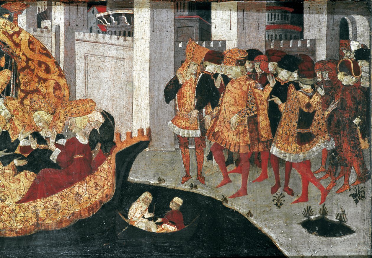 Decameron de Boccaccio (Jean Boccaccio): o Chatelain Pericone recebe Alatiel, filha do sultão da Babilónia Beminedab e a sua suite na ilha de Maiorca (Pericone da Visalgo recebe Alatiel, filha de Beminedab, o sultão da Babilónia, em hi de Master of the Cassoni