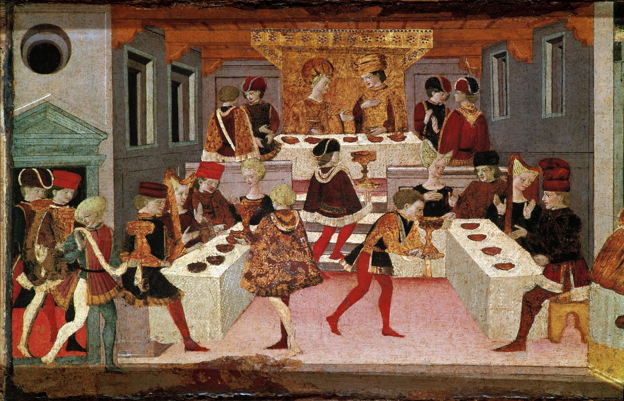 Decameron de Boccaccio (Jean Boccaccio): o banquete organizado por Chatelain Pericone para acolher Alatiel, filha do Sultão da Babilónia Beminedab e a sua suite na ilha de Maiorca (Banquete organizado por Pericone da Visalgo para acolher Alatiel filha de A de Master of the Cassoni
