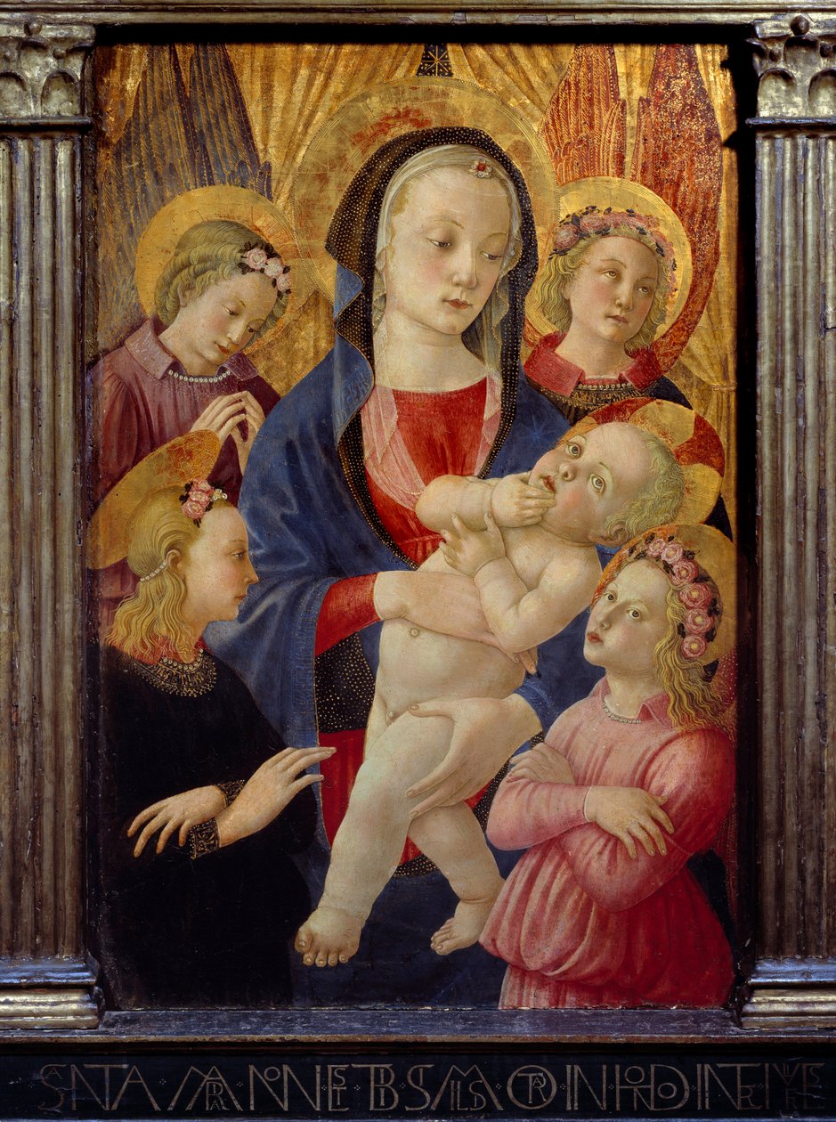 A virgem e a criança rodeadas por quatro anjos. Pintura do Mestre da Natividade de Castello Ec. Ital. de Master of the Castello Nativity