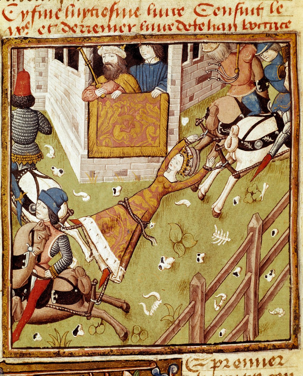 A tortura do Brunehaut: Brunehaut ou Brunehilde (543-613), prisioneiro de Clotaire (Clothaire) II, é dilacerado por cavalos que atraem seus membros de cada lado - Miniatura do Mestre do Campeão das Senhoras do manuscrito "Des hommes illustres" 15 de Master of the Champion des Dames