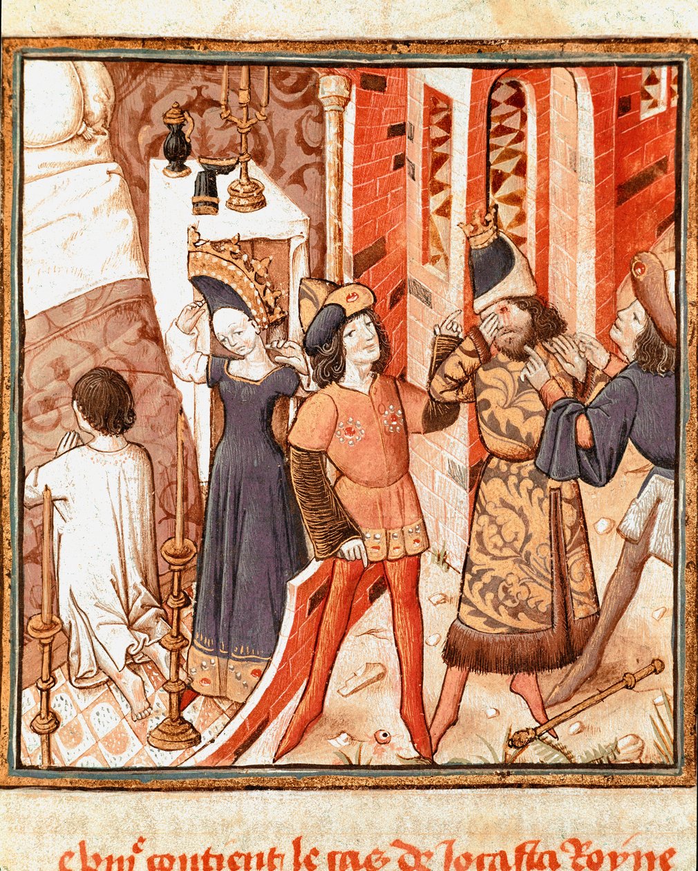 Lenda de Jocaste, Rainha de Tebas. Édipo, cego, depois de ter realizado para matar seu próprio pai a Miniatura do Mestre do Campeão das Senhoras (século XV) do manuscrito "Des hommes illustres" de Giovanni Boccaccio (Jean Boccaccio) (1313-1375). 15 de Master of the Champion des Dames