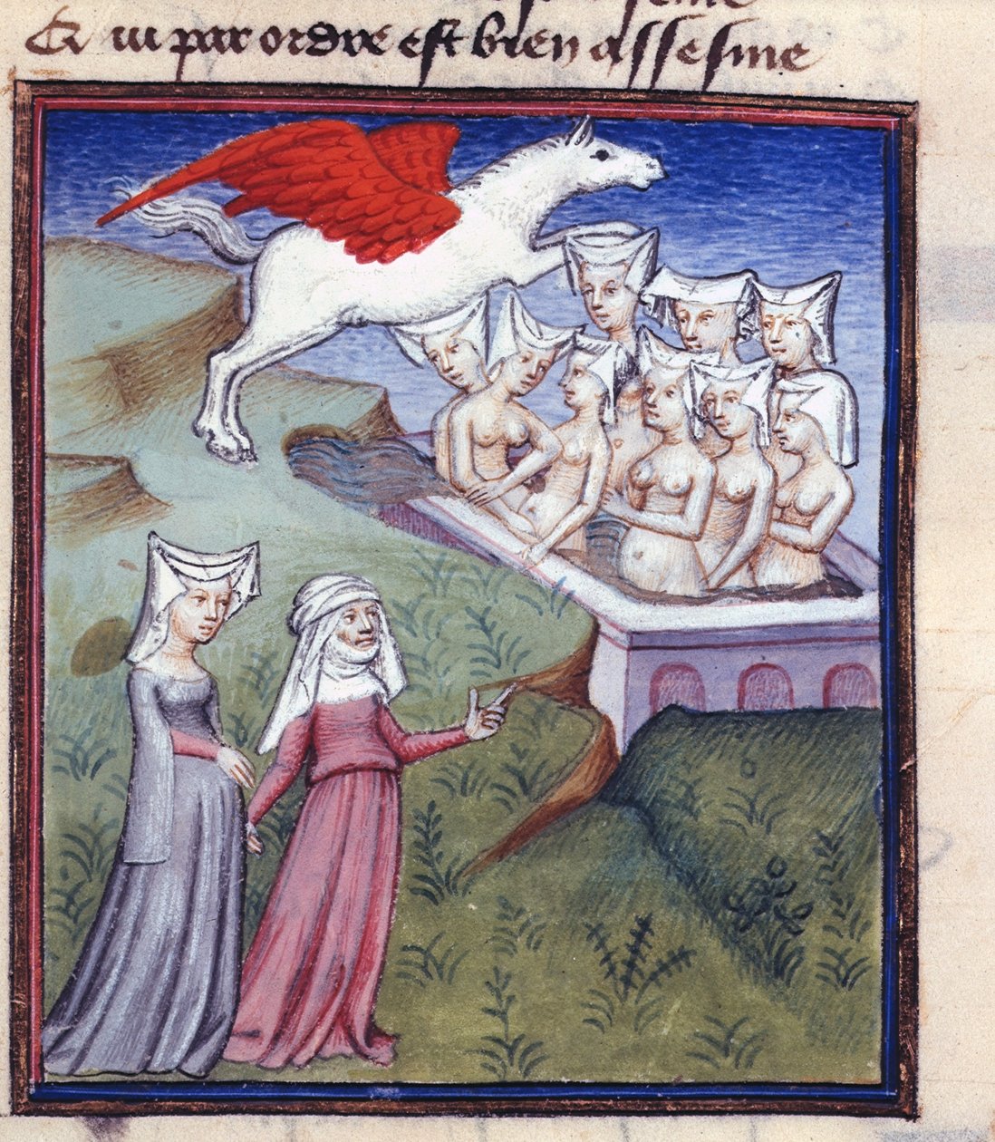 Harl 4431 fol.183 Banho de Nove Musas, das Obras Coleccionadas de Christine de Pisan de Master of the Cité des Dames