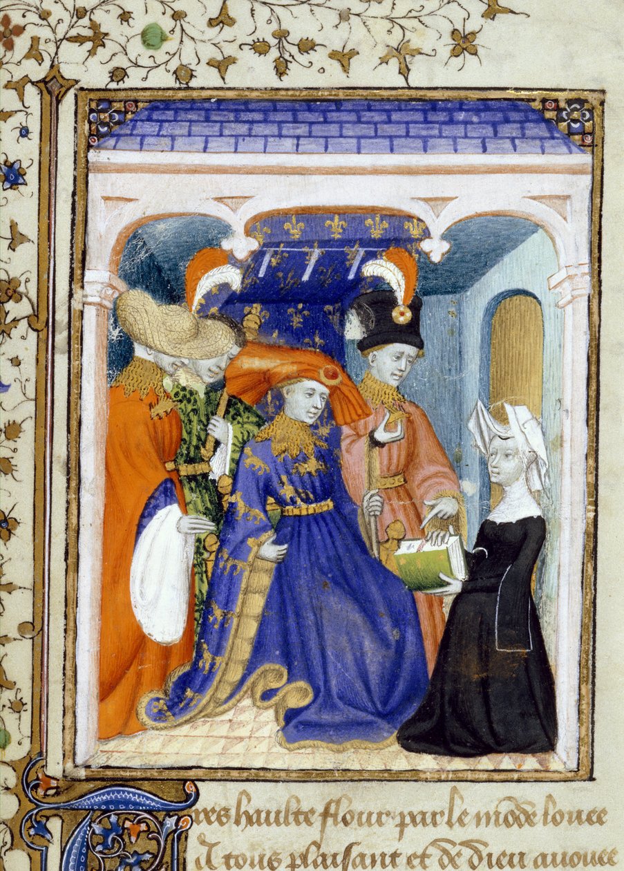 Harley 4431 f.95 Christine de Pisan apresentando seu livro a Luís de Orleans, ilustração do 