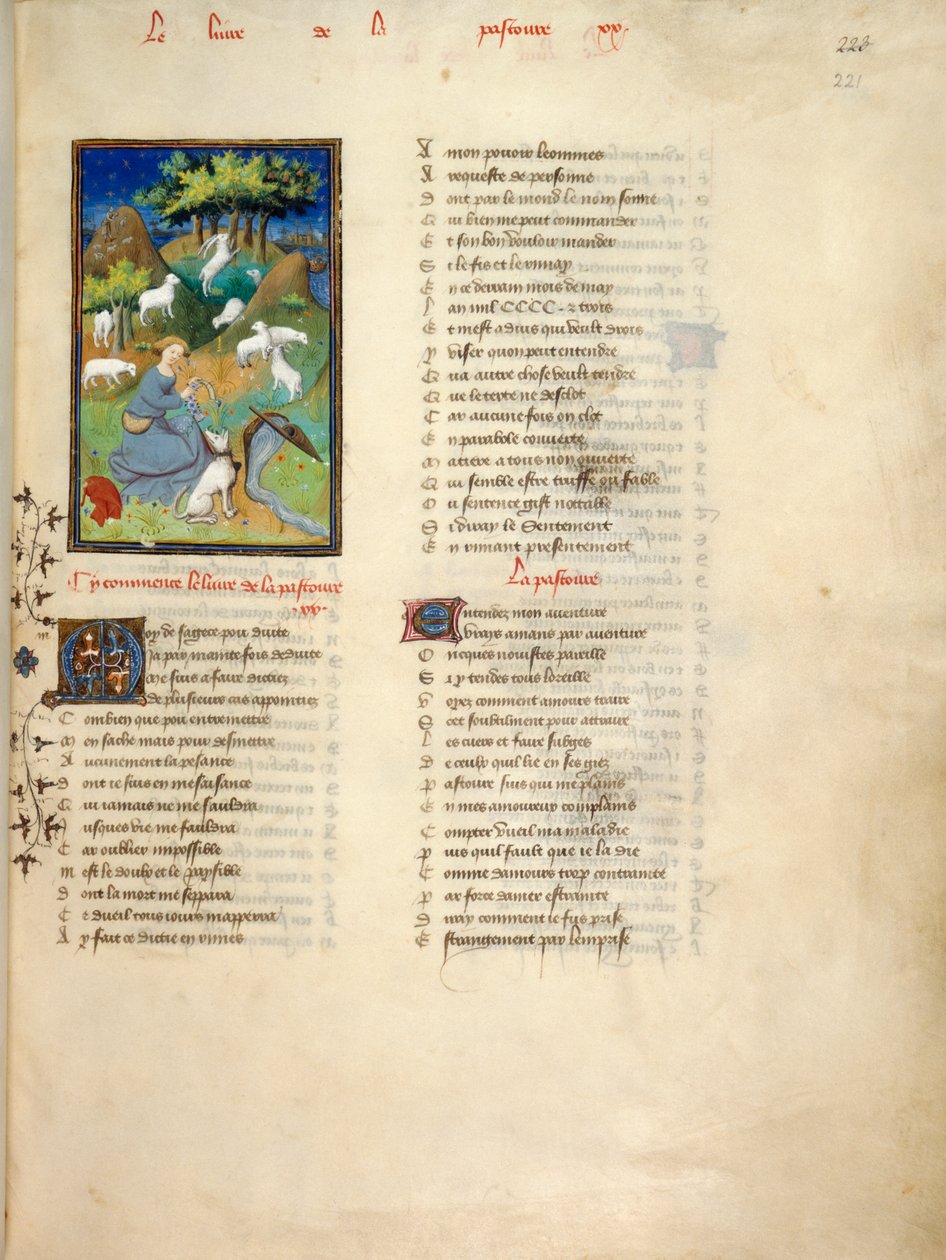 Harley 4431, fol.221 Pastora observa seu rebanho, de Le Dit de la Pastoure, de 