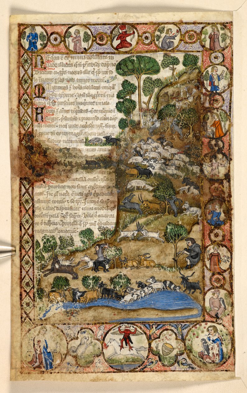 Adicionar. 28841, f.1v: Bordas geométricas de página inteira de rombóides, rodelas e quadrifólios habitados por animais e cenas figurativas: Pastores cuidando de ovelhas e cabras e lutando contra lobos, um diabo vermelho montado a cavalo na borda, de um de de Master of the Cocharelli Codex