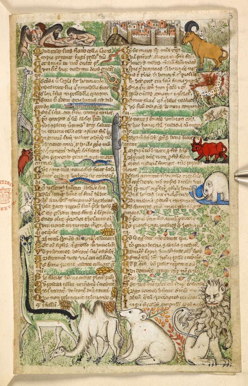 Acrescentar. 28841, f.3: Canibais, uma cidade murada, e animais exóticos incluindo uma girafa, leão, camelo, e elefante, de um tratado sobre as virtudes e vícios, e uma história anónima em prosa da Sicília (fragmento), c.1330-40 (vellum) de Master of the Cocharelli Codex