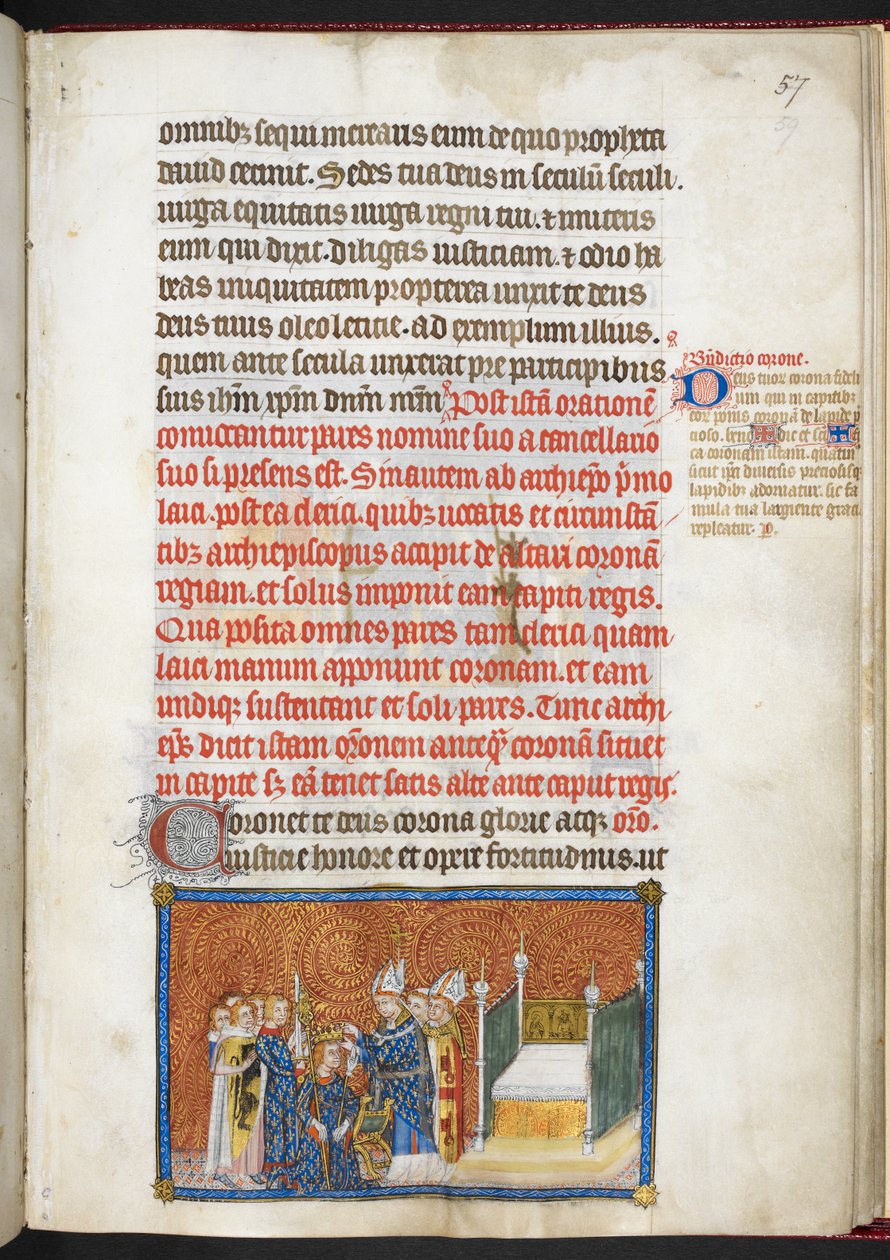 Cotton Tiberius B.VIII f.59 O Arcebispo de Reims colocando a coroa na cabeça do Rei, de 