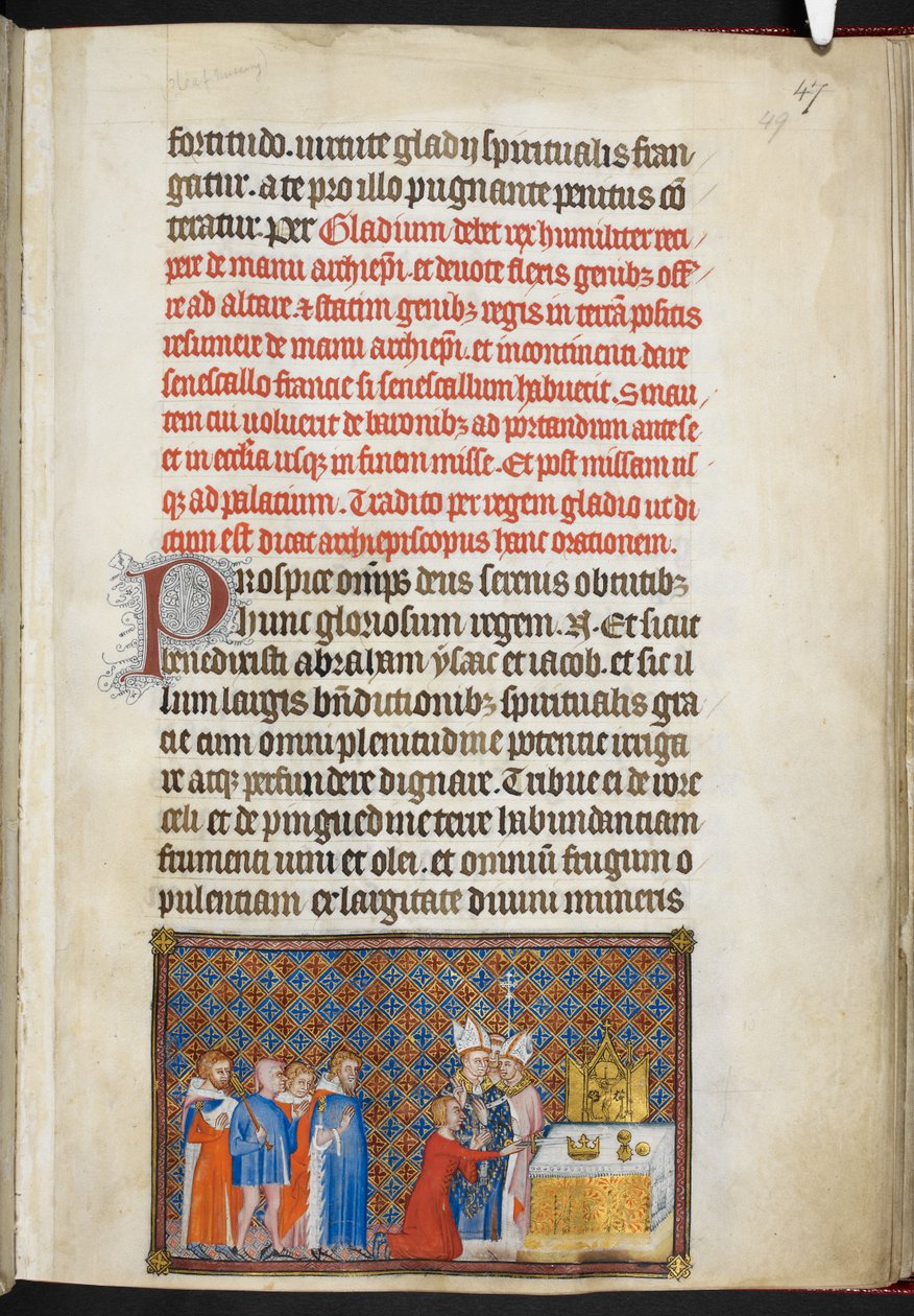 Algodão Tibério B. VIII f.49r O Rei oferecendo a espada no altar, ilustração do 