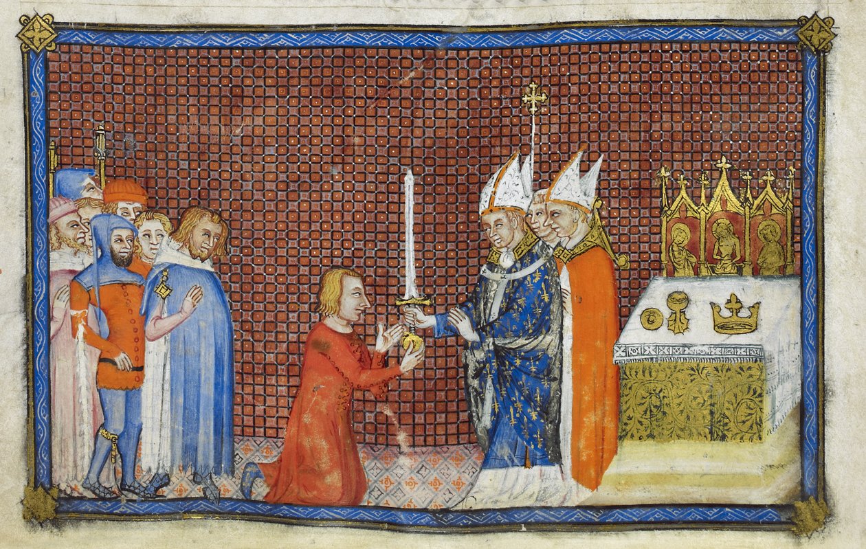 Algodão Tibério B. VIII f.49v O Arcebispo de Reims devolvendo a espada ao Rei, ilustração de 