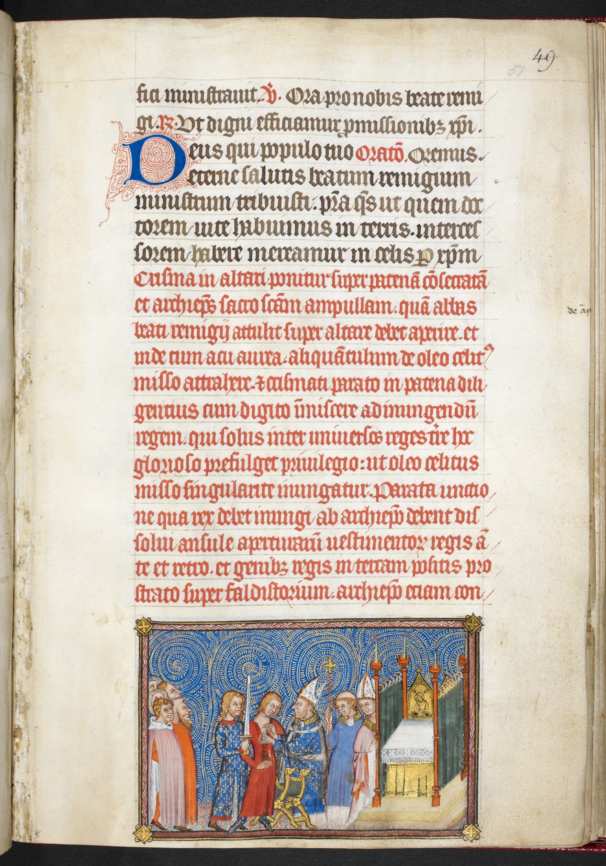 Algodão Tibério B. VIII f.51r, O Arcebispo de Reims desprendendo a túnica do Rei, do 