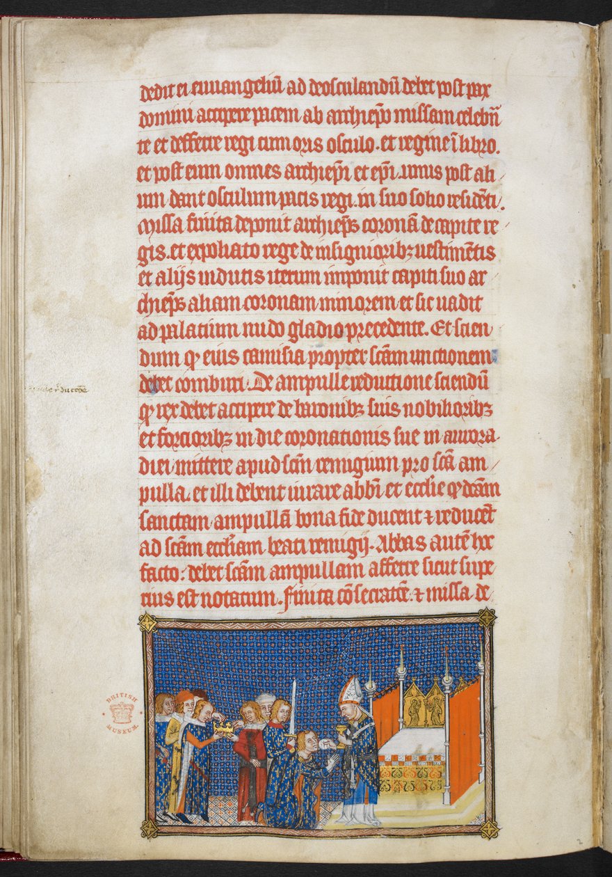 Algodão Tibério B. VIII f.65v Rei Carlos V ajoelhado enquanto o Arcebispo de Reims coloca a hóstia da comunhão em sua boca, ilustração do 