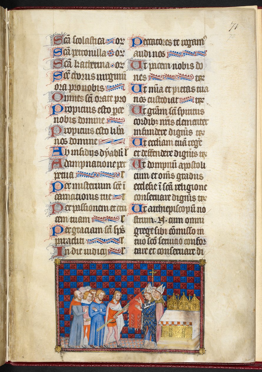 Cotton Tiberius B. VIII f.73r, O Arcebispo de Reims abençoando a Oriflamme, ilustração do 