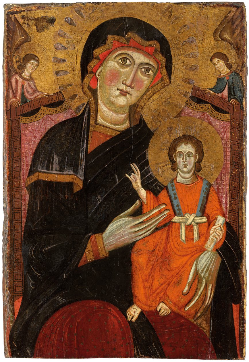 Madonna e Child entronizaram com dois anjos de Master of the Crucifix No. 434