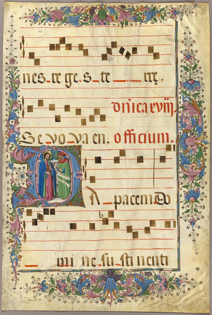 Página de um livro do coro com Cristo e um fariseu num "D" inicial Historiado de Master of the Cypresses