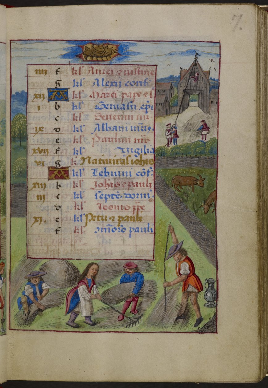 Acrescentar a página MS 18852 f.7r Calendário para Junho. No topo, Cancro, das "Horas de Joana de Castela", c.1496-1506 (vellum) de Master of the David Scenes