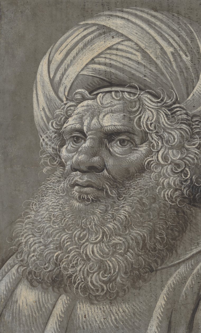 Cabeça de homem barbudo de turbante reto, verso em escrita latina, ca. 1510. de Master of the Death of Absalom