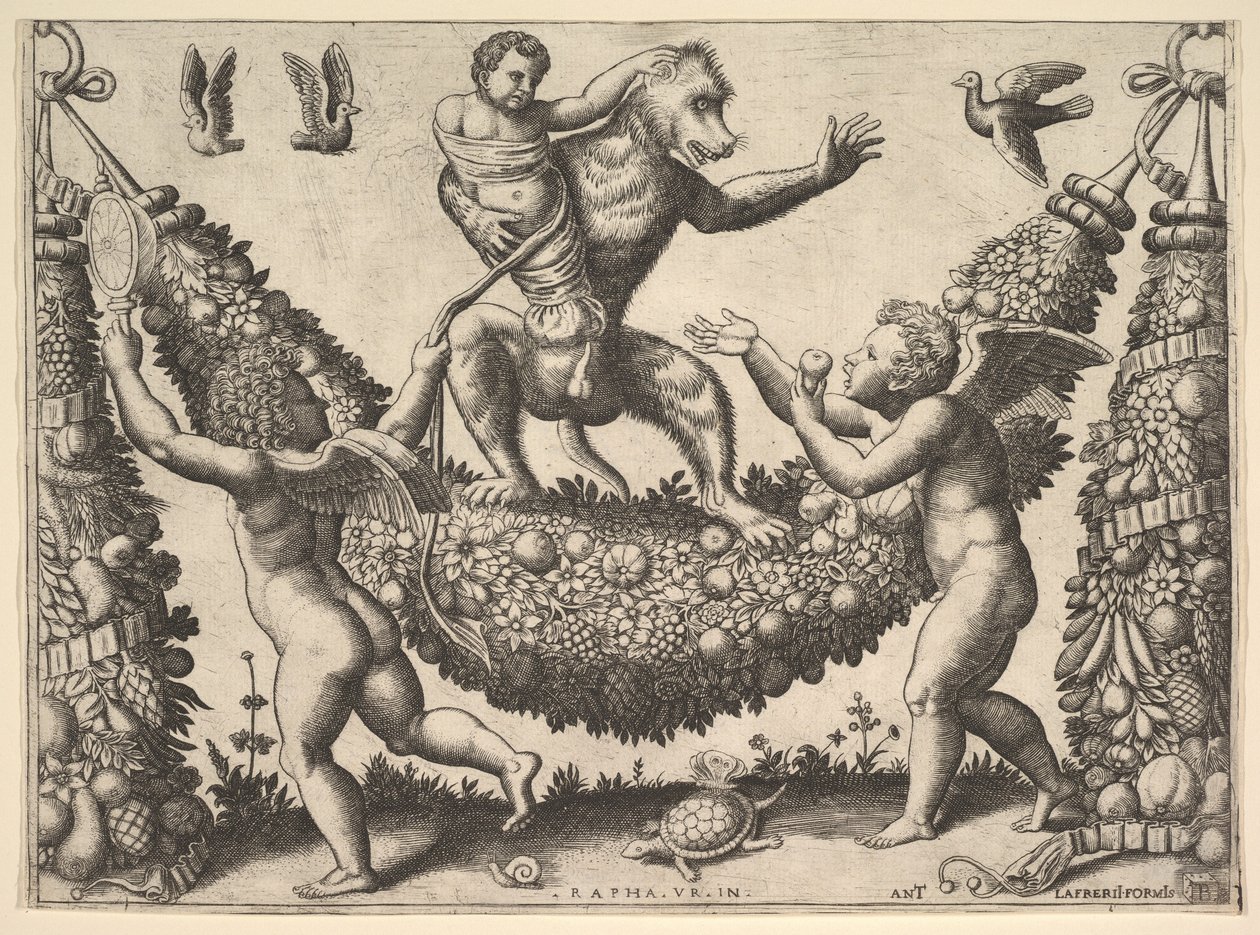 Um macaco a segurar um putto de amarração em pé sobre uma grinalda na frente da qual estão duas p..., 1530-60. de Master of the Die