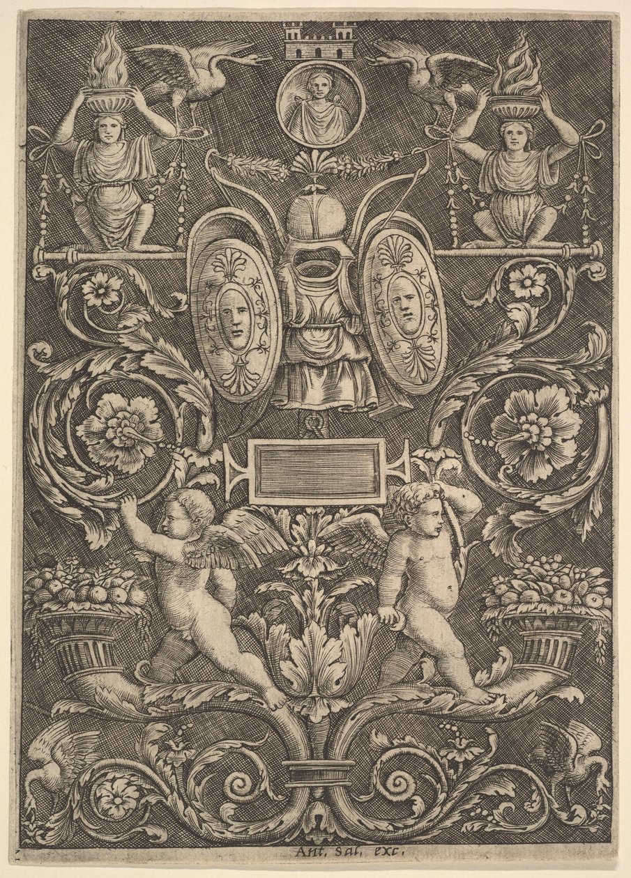 Um painel de ornamento, putti de pé sobre cornucópia na secção inferior, 1530-60. de Master of the Die