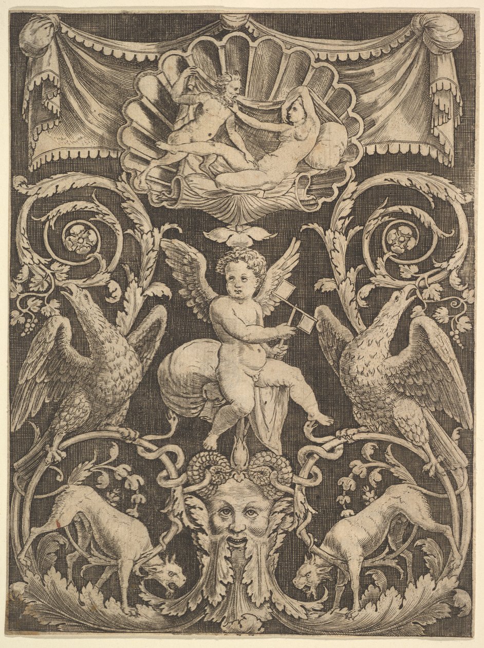 Um painel de ornamento com um putto no centro segurando um moinho de vento, 1532. de Master of the Die