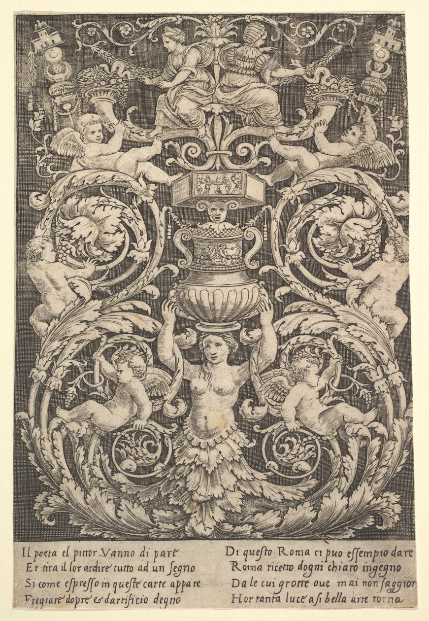 Um painel de ornamento com uma mulher segurando um vaso no centro, 1532. de Master of the Die