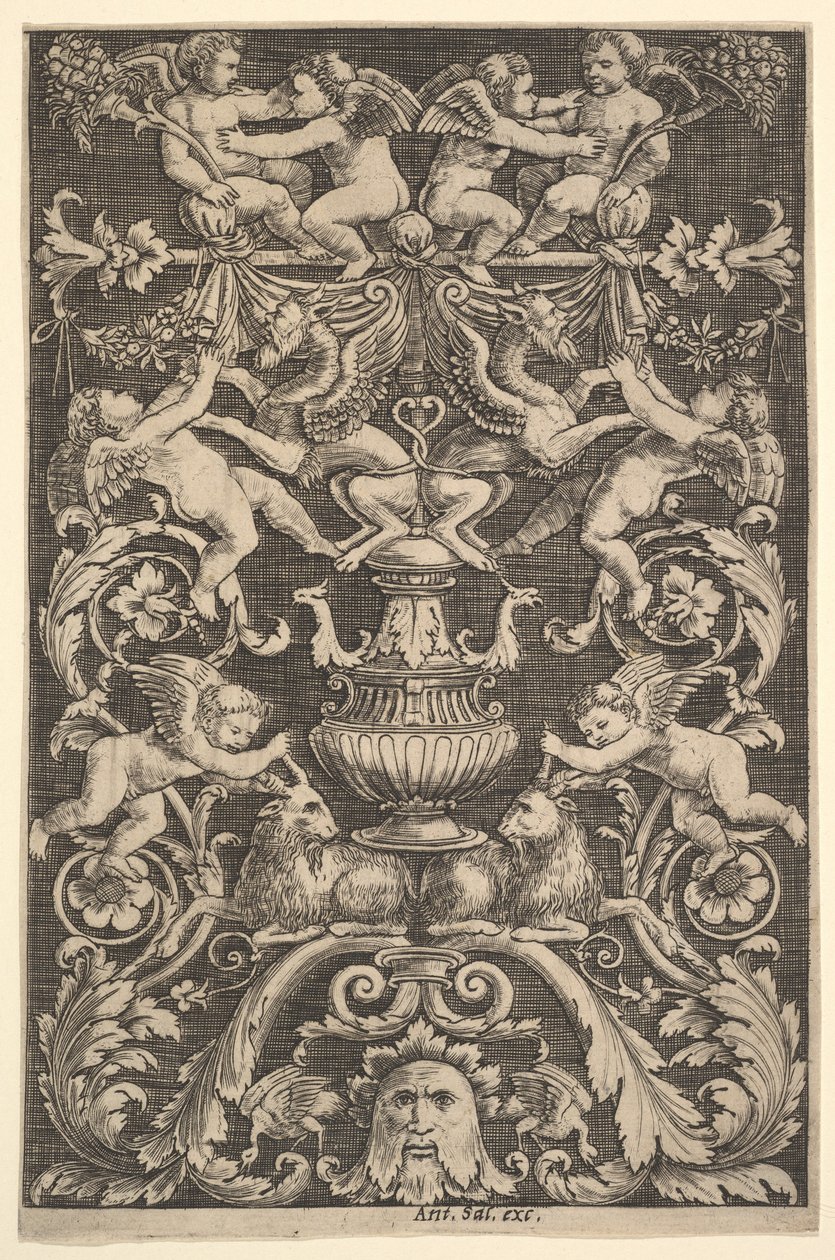 Um painel de ornamento com putti, cabra e outras figuras, 1530-60. de Master of the Die
