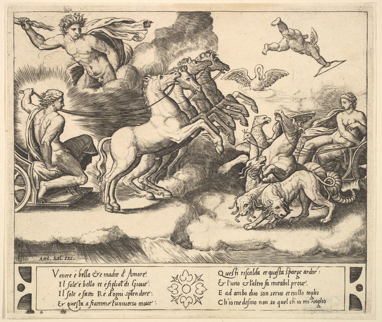 Apolo na sua carruagem puxada a cavalo à esquerda, acima dele acima de Júpiter lança um trovão..., 1530-60. de Master of the Die