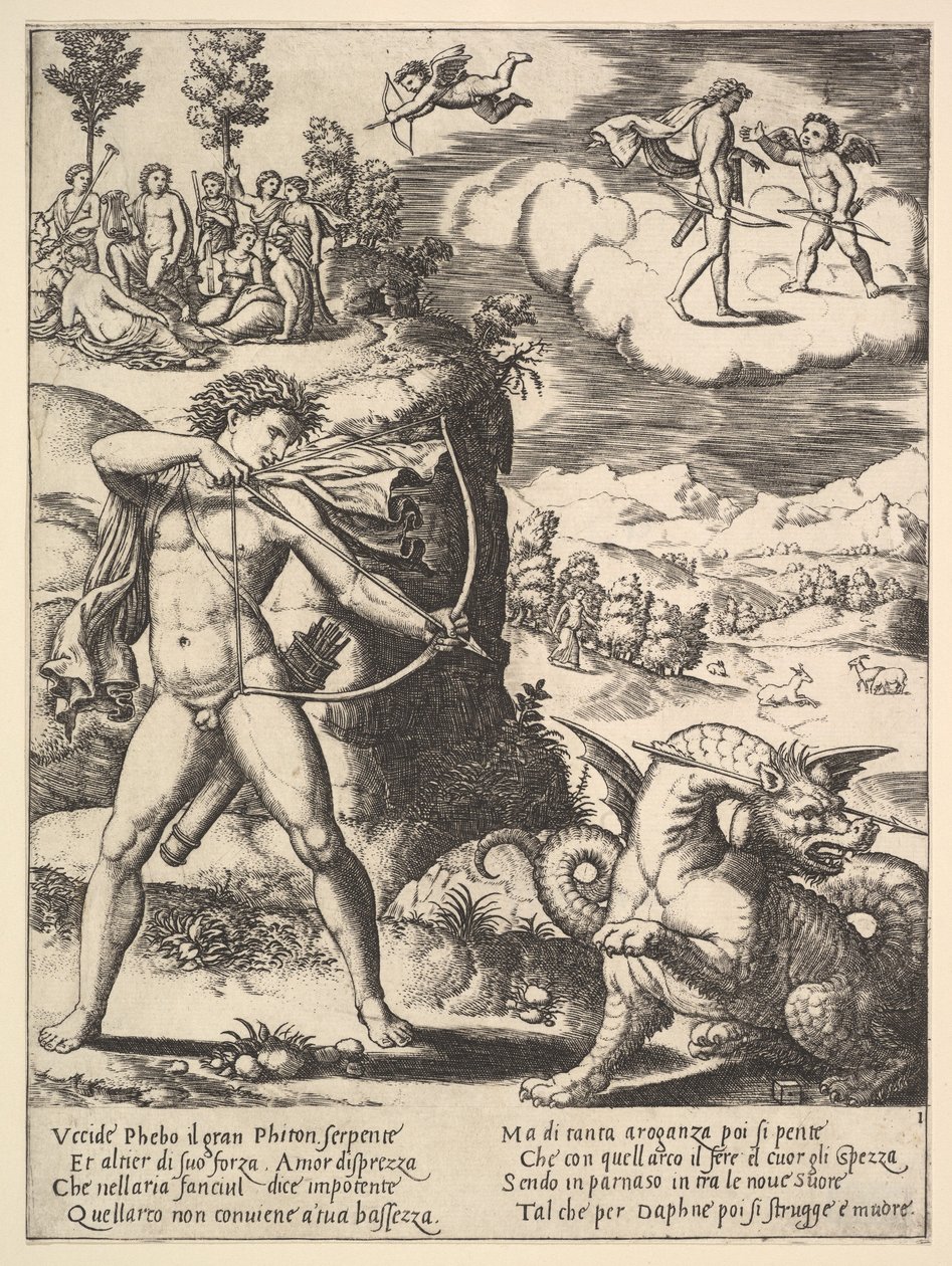 Apollo à esquerda atirando uma pitão com uma seta, acima à esquerda está a musa..., 1530-60. de Master of the Die