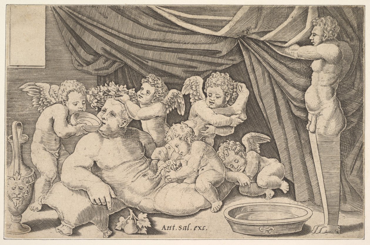Baco cercado por Putti, uma estátua de Priapus à direita, 1530-60. de Master of the Die
