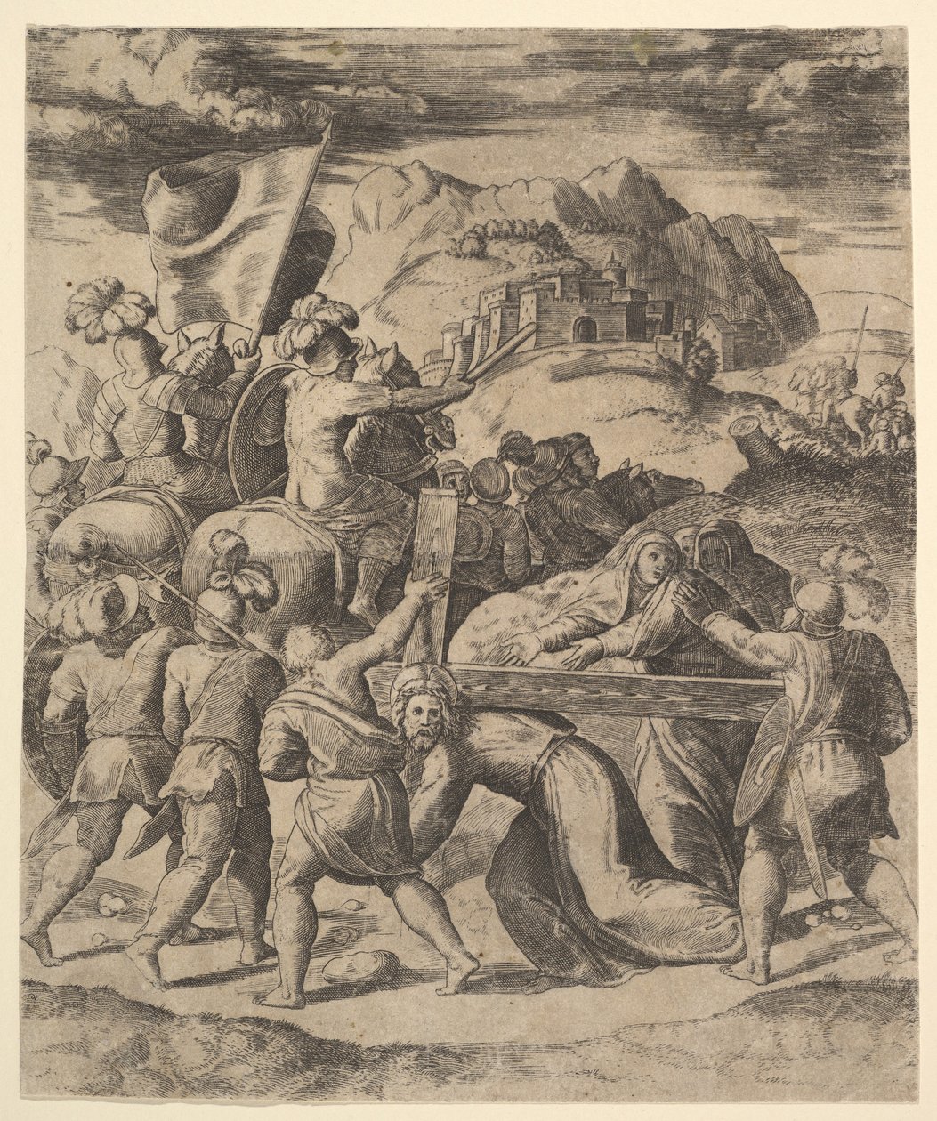 Cristo carregando a cruz cercado por soldados, vários a cavalo, 1530-60. de Master of the Die