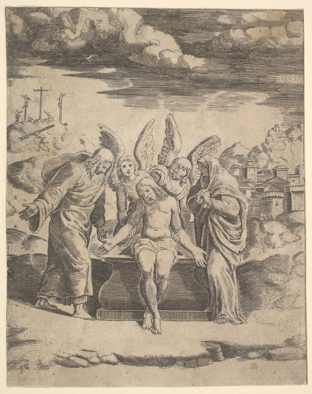 Cristo sentado no túmulo apoiado por anjos, 1530-60. de Master of the Die