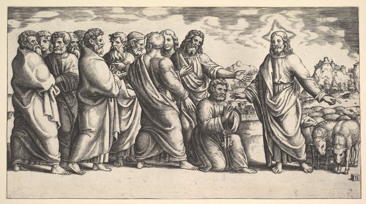 Cristo à esquerda indicando para um rebanho de ovelhas, antes que se ajoelhe São Pedro Hol..., 1530-60. de Master of the Die