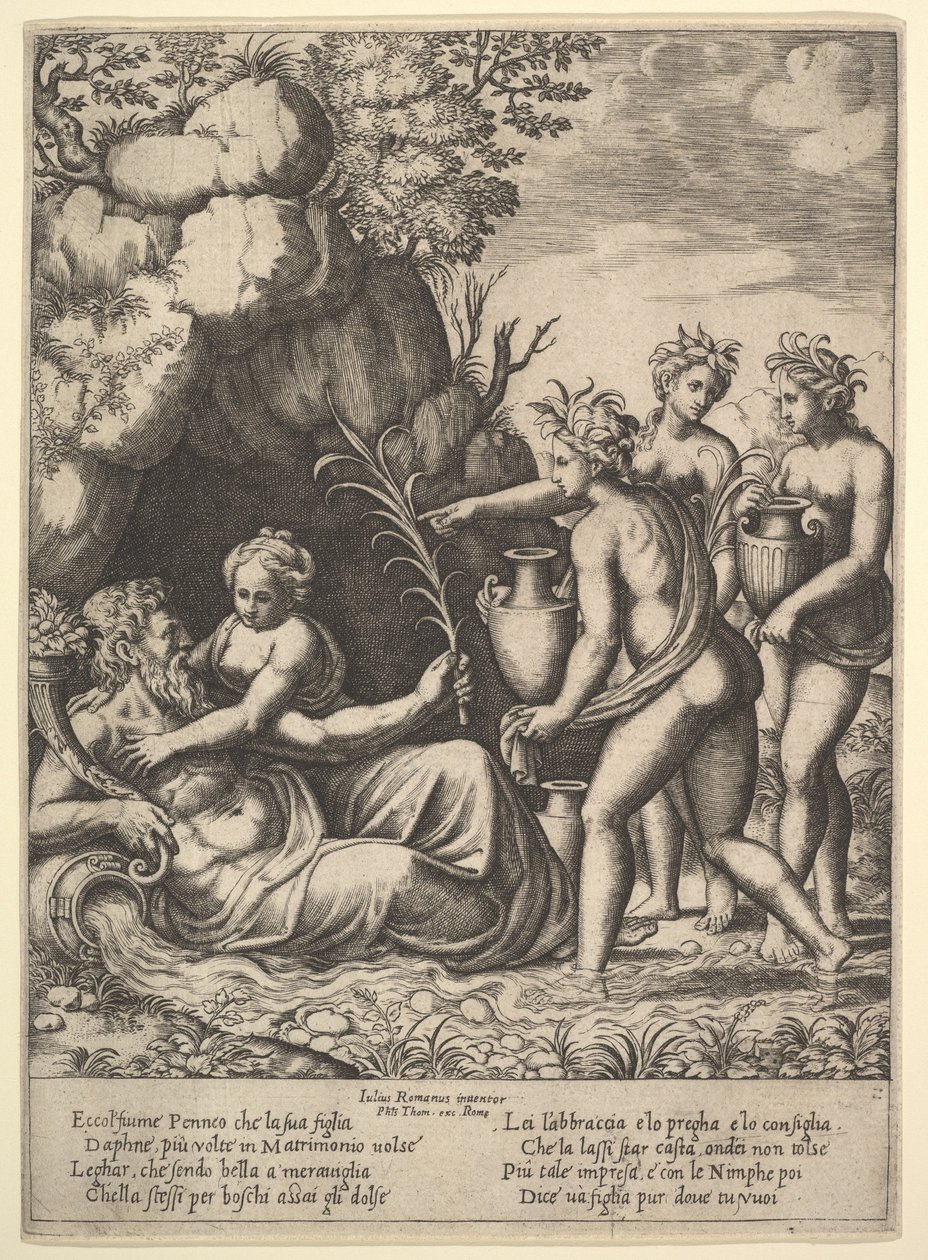 Daphne abraçando o seu pai, o deus-rio Peneus, à esquerda três ninfas trazem frascos ..., 1530-60. de Master of the Die