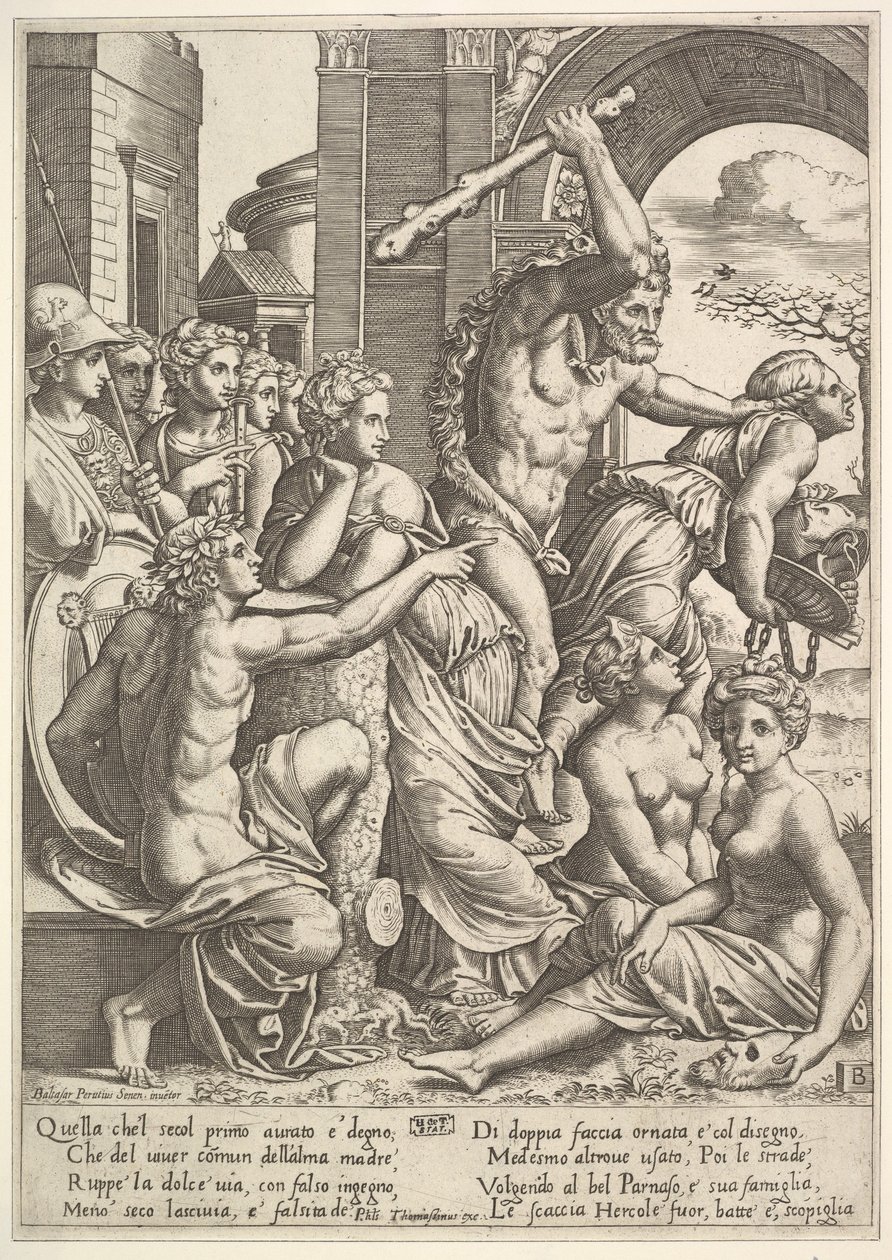 Inveja ou Avareza à direita sendo expulso do templo das Musas por Hércules que ..., 1530-60. de Master of the Die