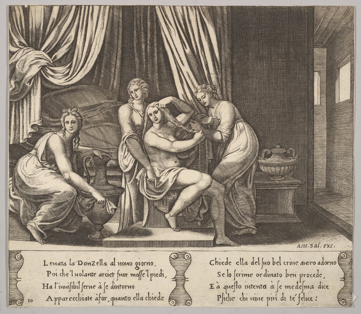 Placa 10: ninfas ajudando Psyche a vestir o cabelo, de "The Fable of Psyche", 1530-60. de Master of the Die