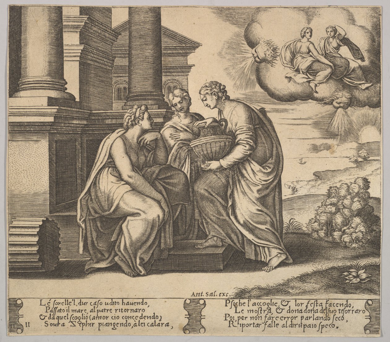 Prato 11: Psyche dá presentes às suas irmãs, de "A Fábula de Psyche", 1530-60. de Master of the Die