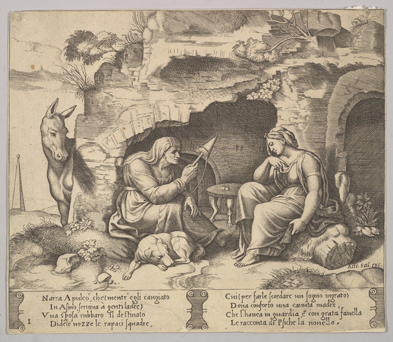Prato 1: Apuleius transformou-se num burro a ouvir a história contada pela velha mulher sp..., 1520-70. de Master of the Die