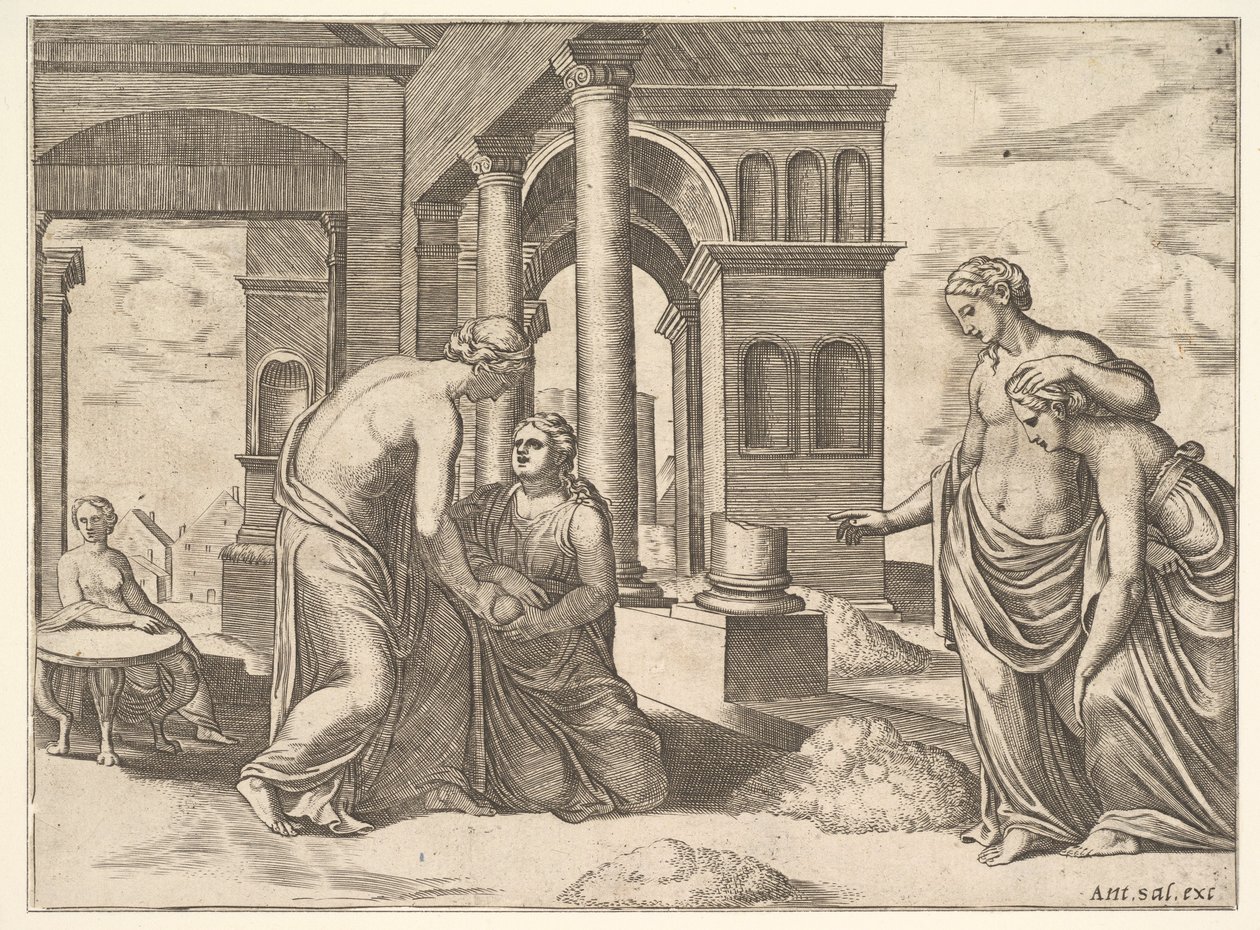 Placa 22: Vênus ordenando a Psyche para separar um monte de grãos, da "Fábula da Psyche", 1530-60. de Master of the Die