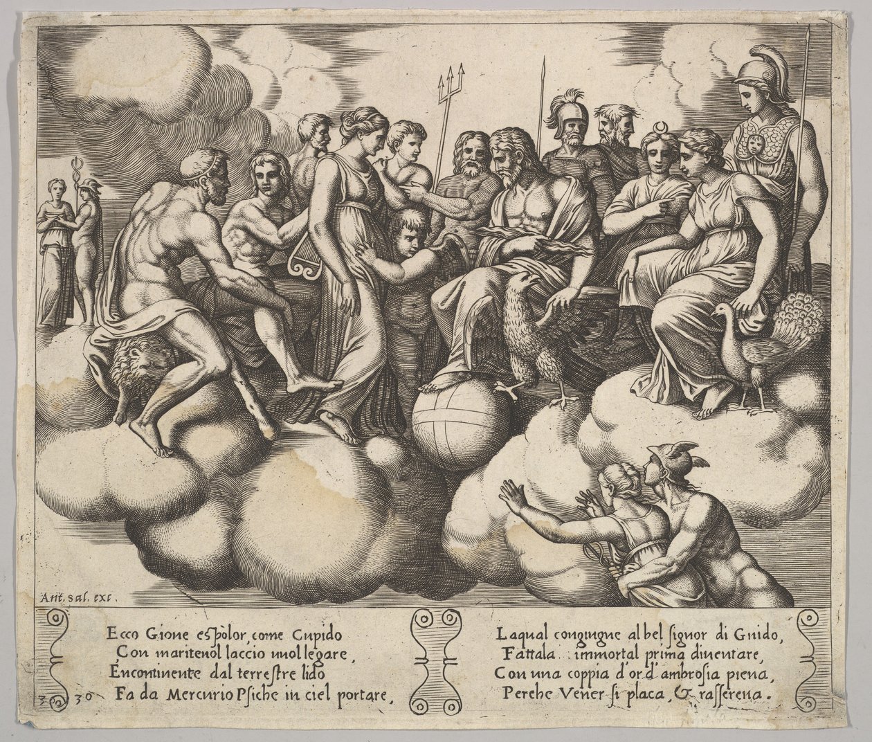 Prato 30: Vénus e Cupido a defenderem o seu caso na presença de Júpiter e de outros deuses, 1530-60. de Master of the Die
