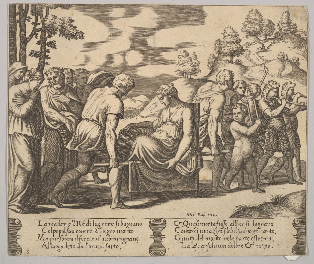 Placa 5: Psyche carregada numa ninhada para uma montanha, de "The Fable of Psyche", 1530-60. de Master of the Die