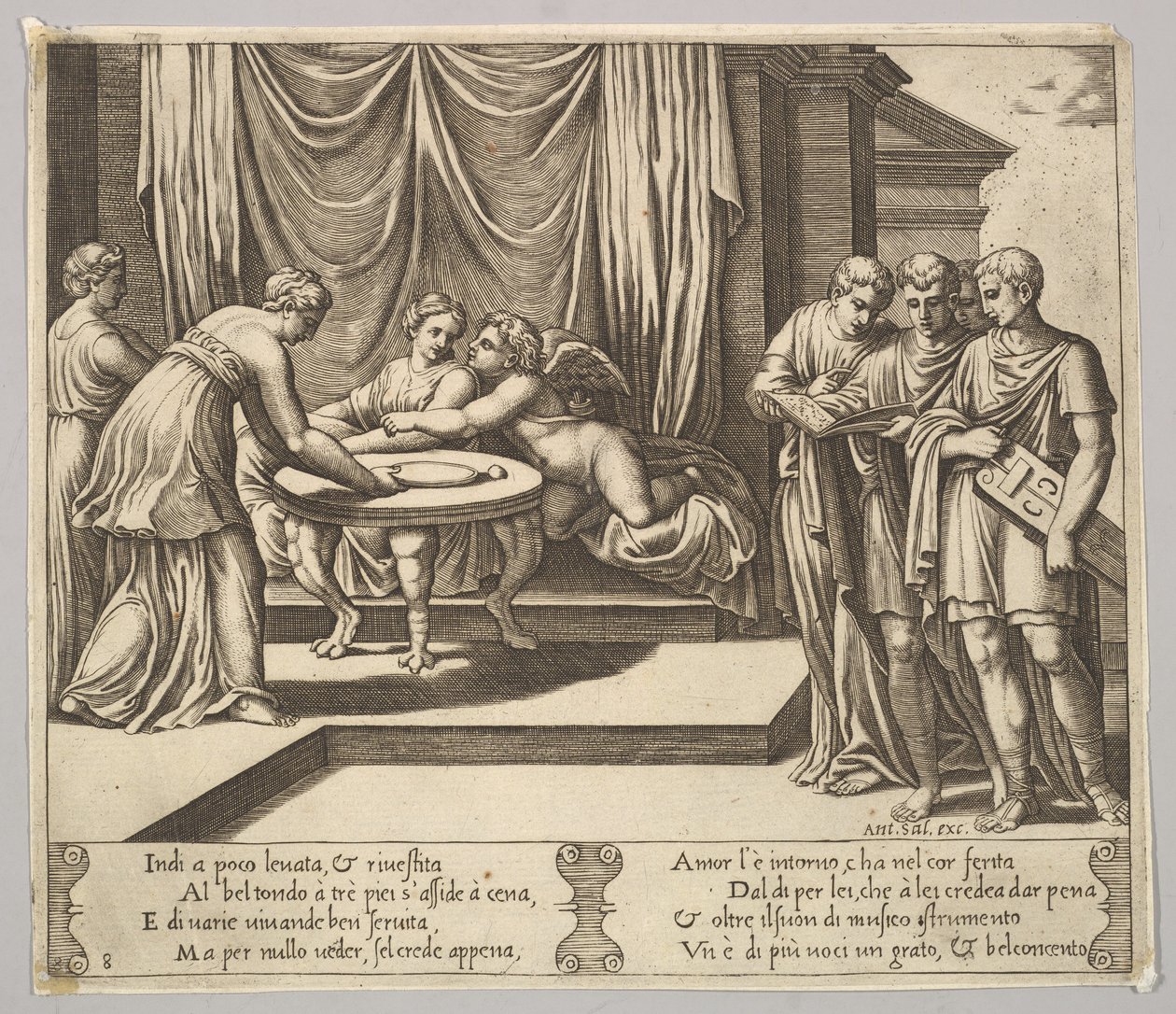 Placa 8: Psique sentado à mesa e assistido por criados invisíveis, Eros ao lado da g..., 1530-60. de Master of the Die