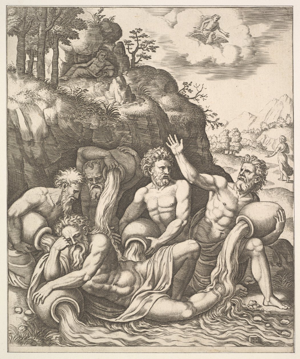 Deuses do rio consolando Peneus pela perda de sua filha, Daphne de "A História de Apo..., 1530-60". de Master of the Die