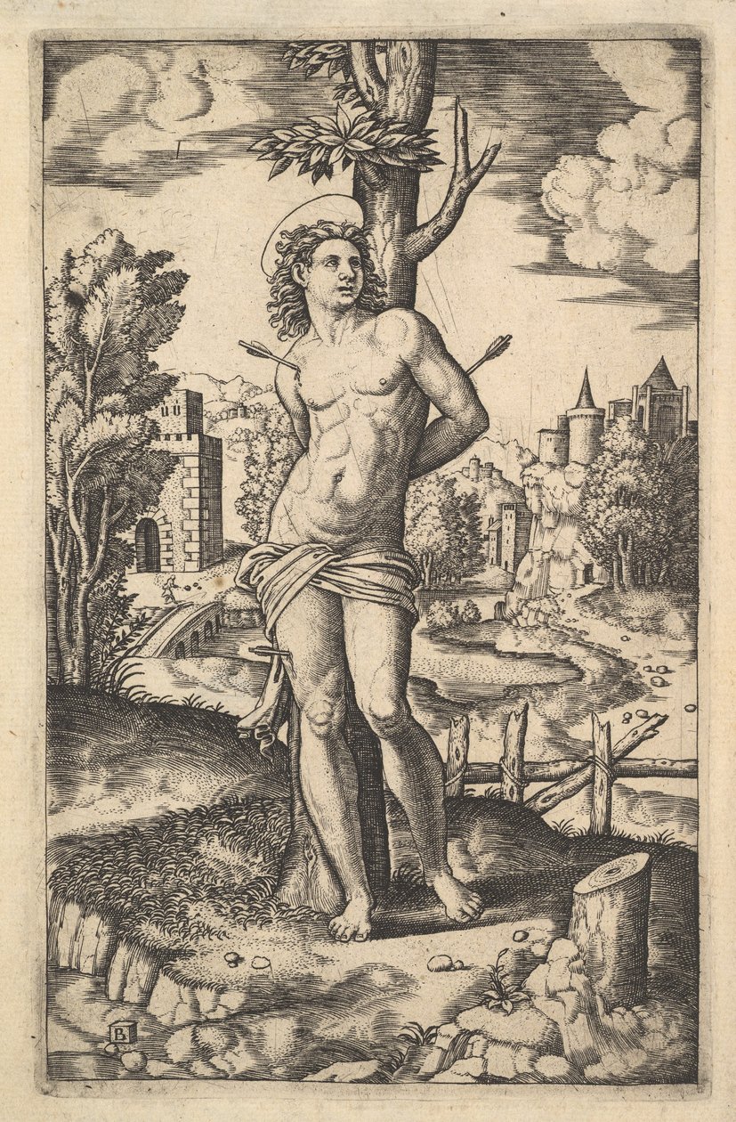 São Sebastião amarrado a uma árvore perfurada por flechas, 1530-60. de Master of the Die