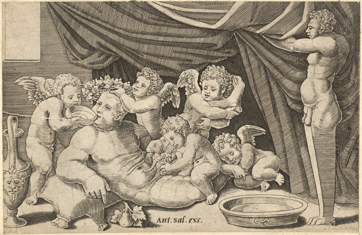 Speculum Romanae Magnificentiae: Bacchus rodeado por Putti com Priapus segurando..., século XVI. de Master of the Die