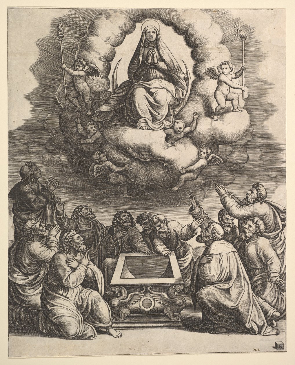 A Assunção da Virgem, abaixo dos apóstolos cercam o túmulo, 1530-60. de Master of the Die