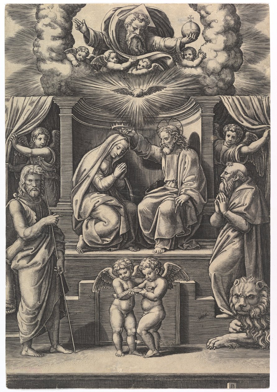 A Coroação da Virgem, em baixo à esquerda fica São João Baptista, em baixo à direita ..., 1530-60. de Master of the Die