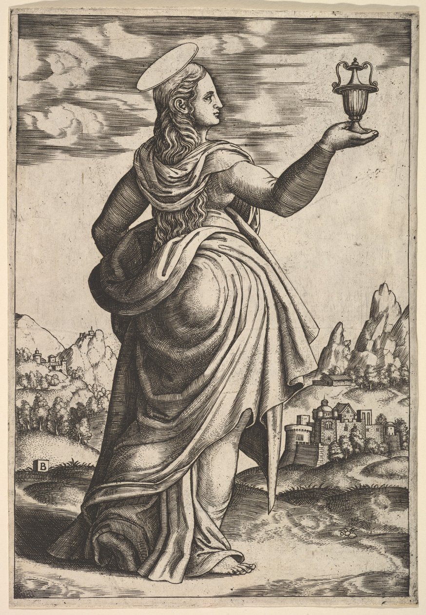 A Madalena em pé de frente para a direita, jarra segurada em sua mão direita levantada, 1530-60. de Master of the Die