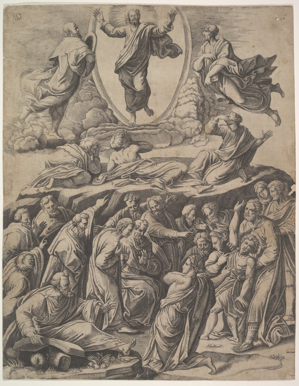 A Transfiguração de Cristo que aparece no centro superior, abaixo dele várias figuras incluindo..., 1530-60. de Master of the Die