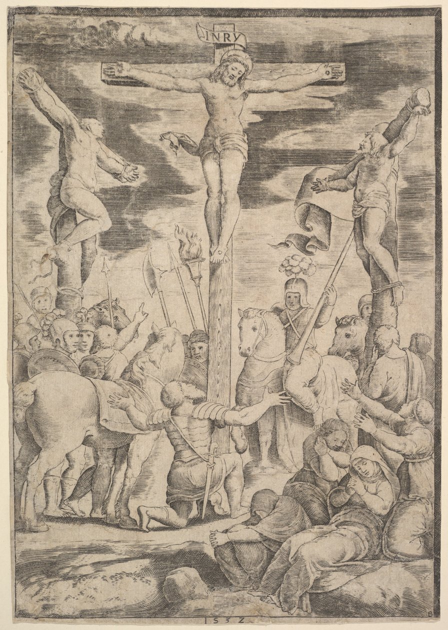 A conversão do Centurião que abre os braços diante de Cristo na cruz, 1532. de Master of the Die
