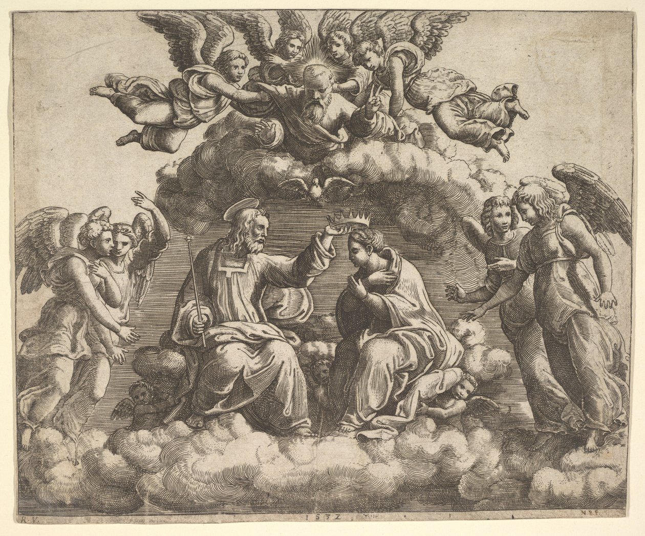 A coroação da Virgem, Cristo segurando a coroa sobre sua cabeça, Deus Pai abençoe..., 1532. de Master of the Die
